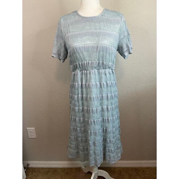 Citrus & Lemon Dress Women's L Blue Lace Elastic Waist Knee Length Modest Chic - Picture 1 of 8